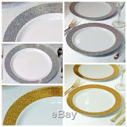 10.25 White Round Plastic Disposable Dinner Plates with Shiny Dust Rim SALE