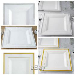 10.75 White Square Plastic Dinner Plates with Rim Wedding Disposable TABLEWARE