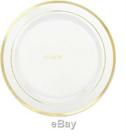10'' Dinner / Wedding / Party Disposable Plastic Plates white With Gold Rim
