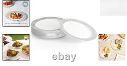 100 Elegant White Plastic Dinner Plates 26cm Silver Lace Rim for All Occasions