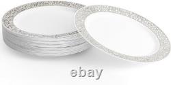 100 Elegant White Plastic Dinner Plates 26cm Silver Lace Rim for All Occasions