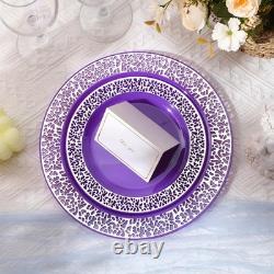 100 Pack Purple Silver Plastic Plates Disposable Plates with Silver Rim Plast