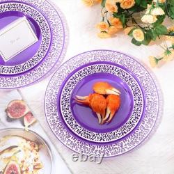 100 Pack Purple Silver Plastic Plates Disposable Plates with Silver Rim Plast
