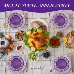 100 Pack Purple Silver Plastic Plates Disposable Plates with Silver Rim Plast