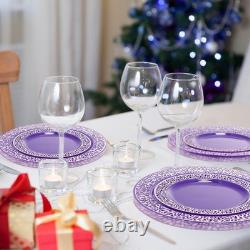 100 Pack Purple Silver Plastic Plates Disposable Plates with Silver Rim Plast