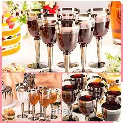 100 Pack Rimmed Disposable Plastic Wine Glasses Bulk 8 Oz Elegant Fancy Silver