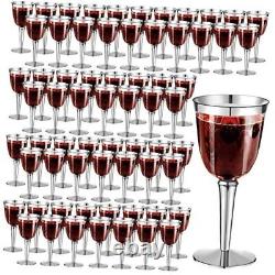 100 Pack Rimmed Disposable Plastic Wine Glasses Bulk 8 Oz Elegant Fancy Silver