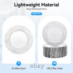 100 Pcs Antique Charger Plates Bulk round Plastic Dinner Plate Embossed Rim Serv