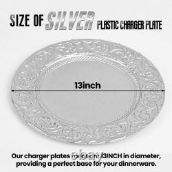 100 Pcs Charger Plate Bulk, 13'' Silver Chargers for Dinner Plates, Round Floral