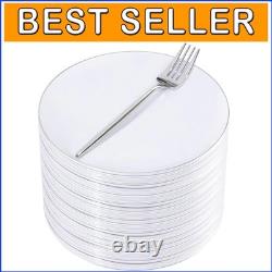 100 Pcs Silver Rim Disposable Dessert Plates & Forks Perfect for Elegant Serving