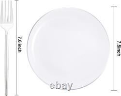 100 Pcs Silver Rim Disposable Dessert Plates & Forks Perfect for Elegant Serving