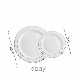 100 Piece Plastic Party Plates White Silver Rim, 50 Premium Heavy Duty 10.25