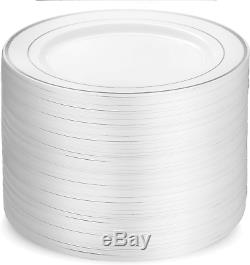 100 Piece Plastic Party Plates White Silver Rim, Premium Heavy Duty 10.25 Inch D
