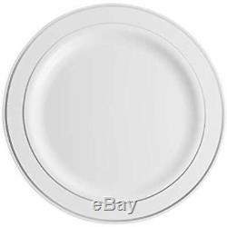 100 Plates Piece Plastic Party White Silver Rim, 50 Premium Heavy Duty 10.25 And