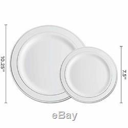 100 Plates Piece Plastic Party White Silver Rim, 50 Premium Heavy Duty 10.25 And