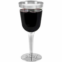 100 Silver Rimmed Disposable Plastic Wine Glasses Large Oz. Premium Clear Hard