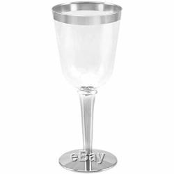 100 Silver Rimmed Disposable Plastic Wine Glasses Large Oz. Premium Clear Hard