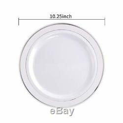 100Pieces Silver Plastic Plates-10.25inch Silver Rim Disposable Dinner Plates-I