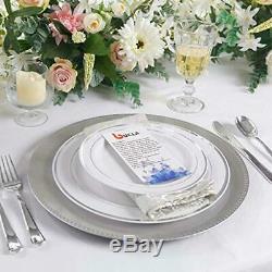 100Pieces Silver Plastic Plates-10.25inch Silver Rim Disposable Dinner Plates-I