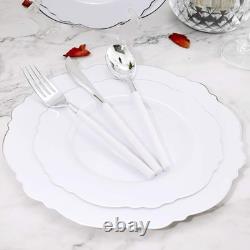 100pcs Silver Plastic Plates High-end Baroque Design Heavy Duty White &Si