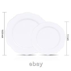 100pcs Silver Plastic Plates High-end Baroque Design Heavy Duty White &Si