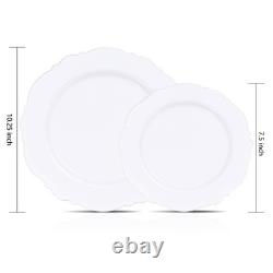 100pcs Silver Plastic Plates High-end Baroque Design Heavy Duty White &Si