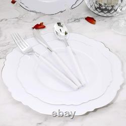 100pcs Silver Plastic Plates High-end Baroque Design Heavy Duty White &Si