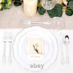 100pcs Silver Plastic Plates High-end Baroque Design Heavy Duty White &Si