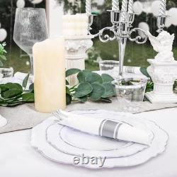 100pcs Silver Plastic Plates High-end Baroque Design Heavy Duty White &Si