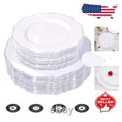 100pcs Silver Plastic Plates Set Elegant Baroque Design for Upscale Events