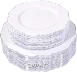 100pcs Silver Plastic Plates Set Elegant Baroque Design for Upscale Events