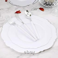 100pcs Silver Plastic Plates Set Elegant Baroque Design for Upscale Events
