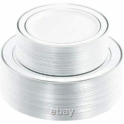 120PCS Silver Plastic Plates-Disposable With Rim- Wedding Party Including Dinner