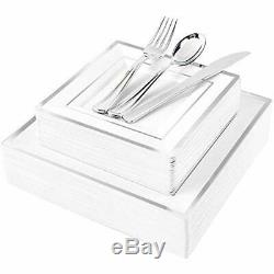 125pcs Plates Silver Plastic With Disposable Silverware-Silver Rim Square Dinner