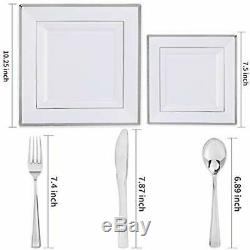 125pcs Plates Silver Plastic With Disposable Silverware-Silver Rim Square Dinner