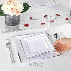 125pcs Plates Silver Plastic With Disposable Silverware-Silver Rim Square Dinner