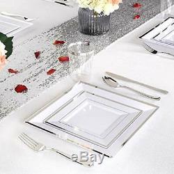 125pcs Plates Silver Plastic With Disposable Silverware-Silver Rim Square Dinner