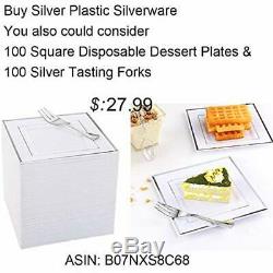 125pcs Plates Silver Plastic With Disposable Silverware-Silver Rim Square Dinner