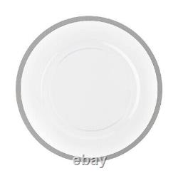 13Round Heavy Duty Disposable Clear Plastic Dinner Plates with Thick Silver Rim