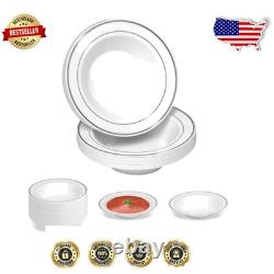 14 oz Elegant White and Silver Rimmed Soup Bowls 100-Pack for Special Events