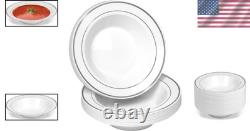 14 oz Elegant White and Silver Rimmed Soup Bowls 100-Pack for Special Events