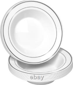 14 oz Elegant White and Silver Rimmed Soup Bowls 100-Pack for Special Events