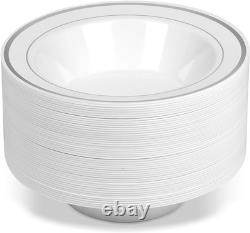 14 oz Elegant White and Silver Rimmed Soup Bowls 100-Pack for Special Events