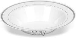 14 oz Elegant White and Silver Rimmed Soup Bowls 100-Pack for Special Events