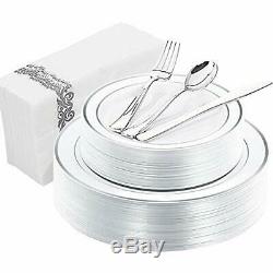 150PCS Silver Plates Rim Plastic With Disposable SilverwareHand Napkins, 25