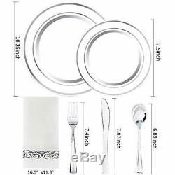 150PCS Silver Plates Rim Plastic With Disposable SilverwareHand Napkins, 25