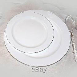 160 x Heavy Duty Strong White Plastic Dinner Plates With Silver Rim, 10/26cm