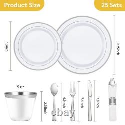 175 Piece Silver Plastic Dinnerware Set for 25 Guests, Fancy Disposable Plate