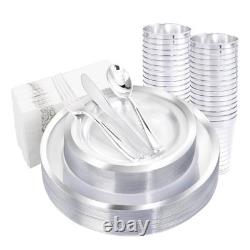 175PCS Clear Plastic Plates with Silver Rim include -Disposable Silver Plstic