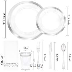 175PCS Clear Plastic Plates with Silver Rim include -Disposable Silver Plstic